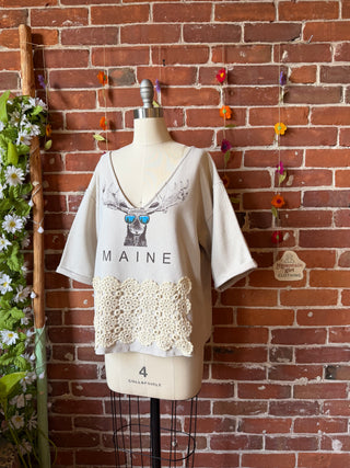 OOAK Summer Collection- Upcycled Maine Moose Crochet V-Neck Cropped Sweatshirt Size Medium