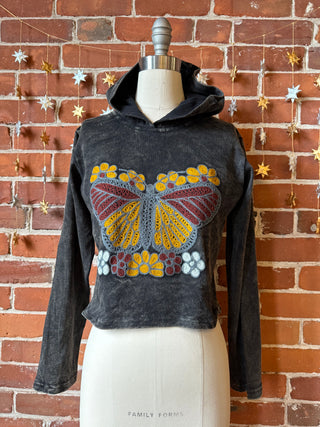 Charcoal Embroidered Butterfly Cropped Hoodie