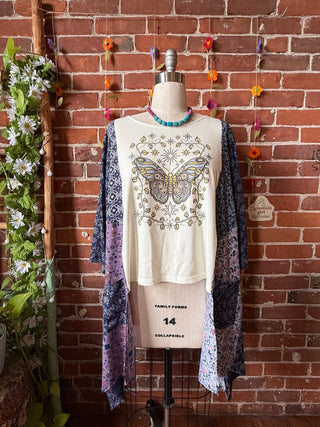 OOAK Summer Collection- Upcycled Butterfly Flowy Hybrid Hi Lo Tee