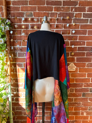OOAK Winter Collection- Upcycled Silk Patchwork Tie Dye Stevie Nicks Cropped Inspired Hi Lo Poncho Top