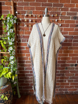 100% Cotton Cream Woven Fringe Kimono Robe