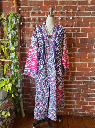 Mystical Stevie Nicks Inspired Upcycled Purple Pink Mandala Long Tapestry Robe Kimono with Pockets and Belt