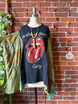 OOAK Summer Collection- Upcycled Rolling Stones Inspired Patchwork Poncho Top