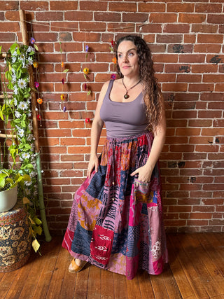 Fields of Joy Purple Tones Patchwork Skirt with Pockets- Fair Trade Made