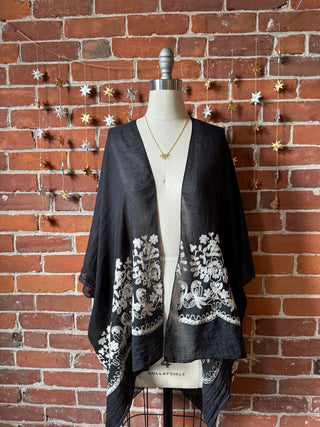 Black + White Embroidered Boho Kimono Layer