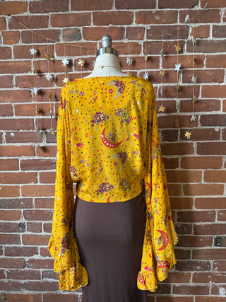 Golden Yellow Sun, Moon + Stars Celestial Cropped Bell Sleeve Wrap Top