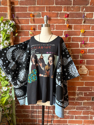OOAK Summer Collection- Upcycled The Doors Inspired Vintage Butterfly Patch Moon Sun Poncho Tee