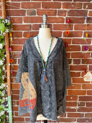 OOAK Spring Collection - Upcycled Kantha Peace Sign Patch Patchwork Poncho Style Top ☮️