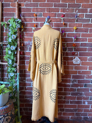 Mustard Yellow Evil Eye 100% Cotton Kimono Robe  - Fair Trade Made