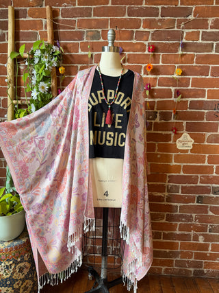 Bright Wildflower Goddess Flowy Woven Fringe Kimono Ruana - Made In Canada