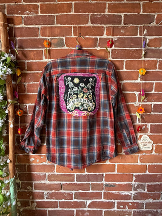 OOAK Autumn Collection- Unisex Size Upcycled Kantha Detail Button Up Plaid "No Bad Days"