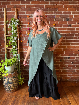 Nomad Linen Split Maxi Top -Moss- Made in Italy