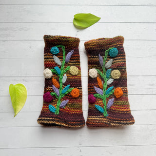 Floral Vine Fleece Lined Wool Handwarmers / Fingerless Gloves - Fair Trade Made