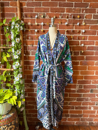 Purple Green Mandala Long Tapestry Robe Kimono with Pockets and Belt