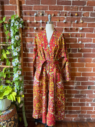 Red + Yellow Mandala Long Tapestry Robe Kimono with Pockets and Belt