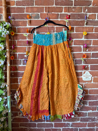 Coffee In The Morning Kantha Ruffle Wide Leg Lounge Pants - Fits up to 2X - Fair Trade Made