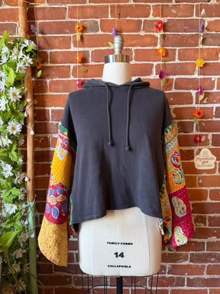OOAK Summer Collection- Upcycled Kantha Ruched Detail Cropped Hoodie Poncho
