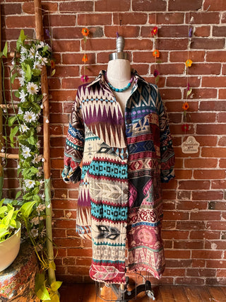 OOAK Summer Collection- Upcycled Grateful Dead Inspired Geometric Woven Button Up Tunic Top Shacket