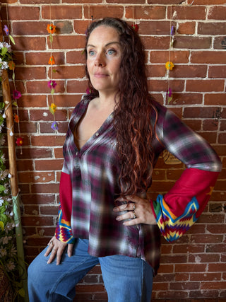 OOAK Autumn Collection- Size XS Upcycled Fleece Bell Sleeve Button Up Plaid