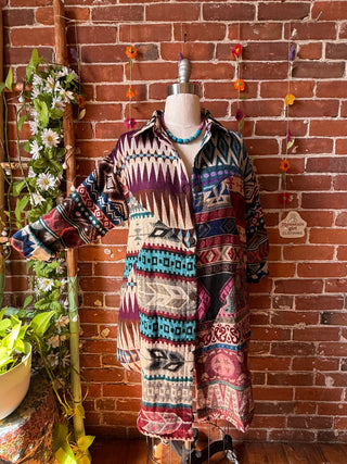 OOAK Summer Collection- Upcycled Grateful Dead Inspired Geometric Woven Button Up Tunic Top Shacket