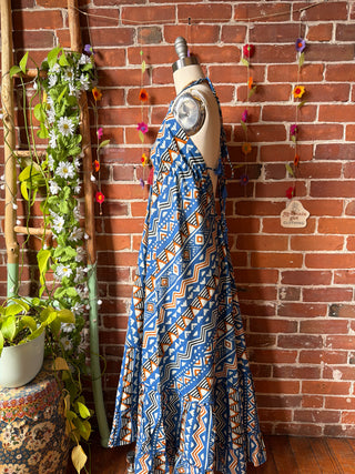 Size Small-Medium Blue Meadow Mosaic 100% Cotton Halter Dress - Fair Trade Made