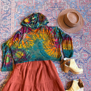 Dark Side of the Moon Earthy Rainbow Cropped Tie Dye Hoodie - Fair Trade Made