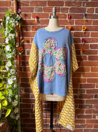 OOAK Autumn Collection - Upcycled Flower Patchwork Hi Lo Kantha Poncho Top 🌼