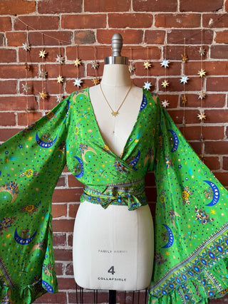 Green Sun, Moon + Stars Celestial Cropped Bell Sleeve Wrap Top