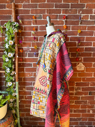 Sierra Dreams Reversible 100% Cotton Kantha Poncho Tunic Hoodie Beach Coverup - Fair Trade Made