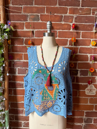 OOAK Spring Collection - Kantha Crescent Moon Boho Crochet Overlay Tank