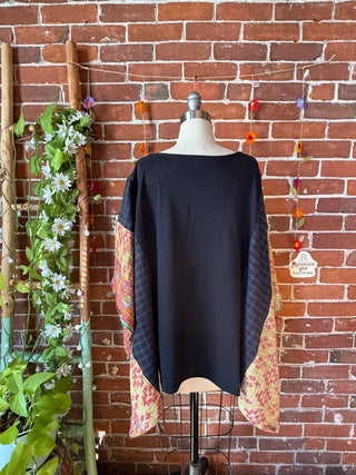 OOAK Autumn Collection- Upcycled AC/DC Inspired Kantha + Plaid Poncho Tee