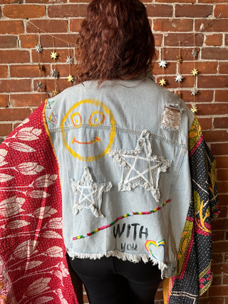 Upcycled Distressed Painted Rebel Boho Hi Lo Kantha Jacket