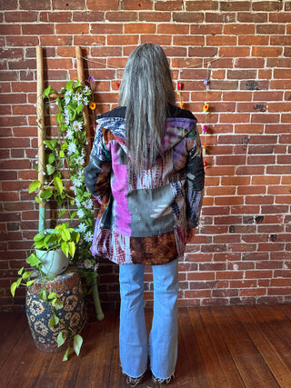 Autumn Stroll Tie Dye Fleece Lined Patchwork Hoodie Jacket