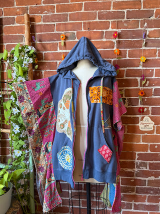 OOAK Summer Collection- Upcycled Rainbow Patchwork Kantha Hi Lo Hoodie