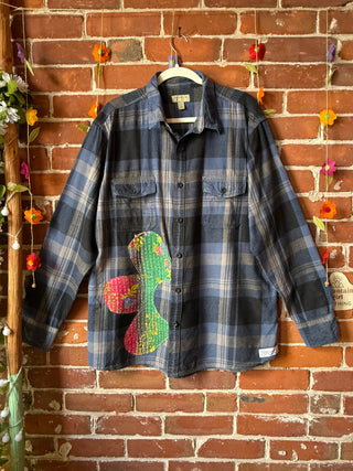 OOAK Autumn Collection- Unisex Size Upcycled Kantha Detail Button Up Plaid "No Bad Days"