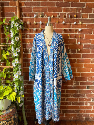 Blue Mandala Long Tapestry Robe Kimono with Pockets and Belt