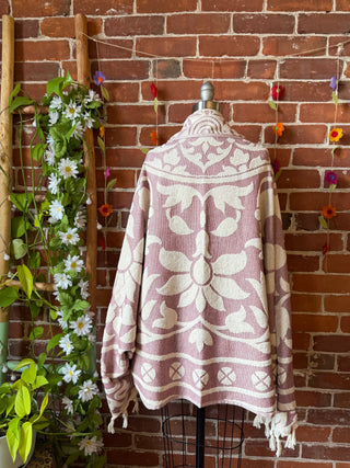 Pink Sky Fringe Cocoon Shawl Kimono - 100% Cotton