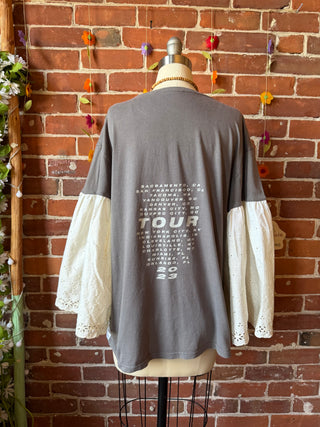 OOAK Summer Collection- Upcycled Pink Tour 2023 Inspired Eyelet Lace Bell Sleeve Tee - Size Large