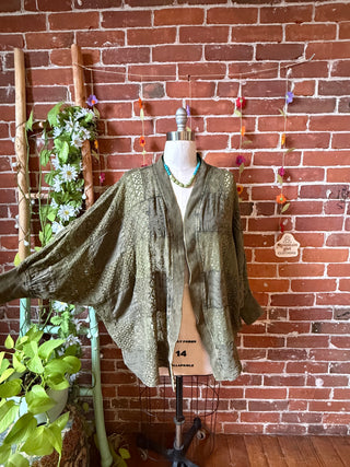 Solstice Stroll Basil Green Patchwork Batwing Sleeve Kimono Layer - Fair Trade Made
