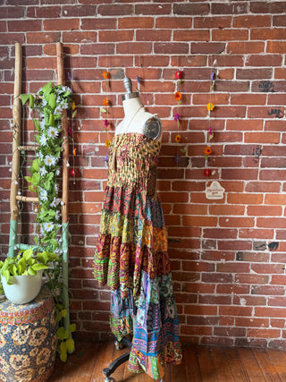 Sunlit Grove Tiered Patchwork Hi Lo Recycled Sari Dress
