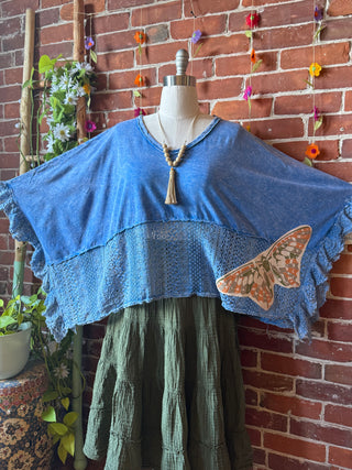 OOAK Summer Collection - Upcycled Luna Butterfly Flowy Trapeze Style Top 🦋 Blue