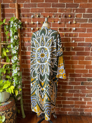 Yellow Green Mandala Long Tapestry Robe Kimono with Pockets and Belt