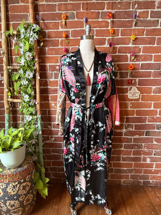 OOAK Summer Collection- Upcycled Long Silky Kimono Robe with Kantha Bell Sleeves