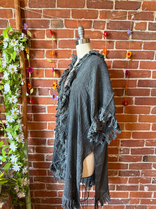 100% Cotton Gauze Boho Fringe Kimono Layer - Charcoal
