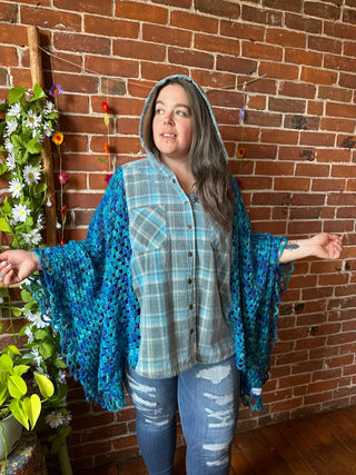 OOAK Autumn Collection- Upcycled Crochet + Fleece Plaid Hoodie Poncho Jacket