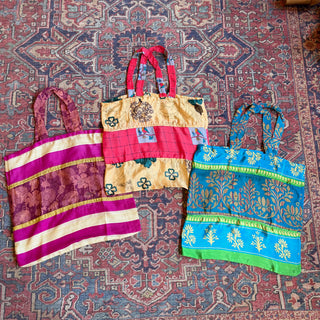 Pack of 3 - Mystery Print Recycled Sari Farmers Market Tote Bags