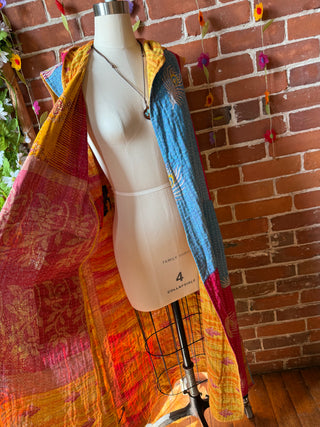 Twilight Reversible Kantha Long Hooded Duster Vest