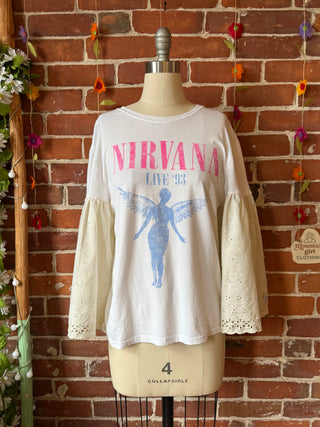 OOAK Autumn Collection- Upcycled Nirvana Inspired Eyelet Lace Bell Sleeve Tee - Size Small