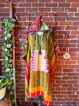 Sierra Dreams Reversible 100% Cotton Kantha Poncho Tunic Hoodie Beach Coverup - Fair Trade Made