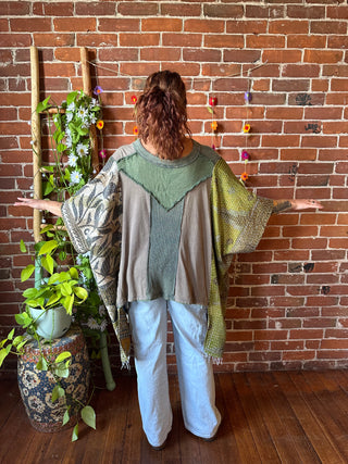 OOAK Autumn Collection - Upcycled Hi Lo Colorblock Kantha Poncho Top